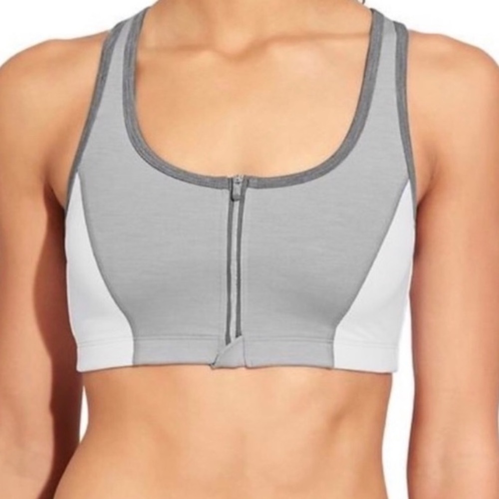 Athleta Grey and White Zip Front Sports Bra